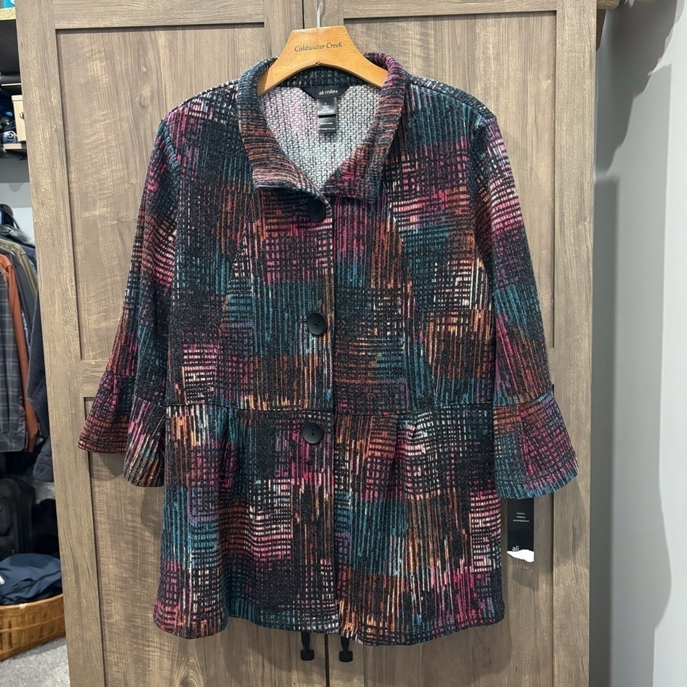 NWT Ali Miles Large Jacket‎ Cardigan Button Peplum 3/4 sleeves Multi Color